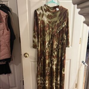 Mock Neck Long Sleeve Velvet Maxi Dress in Olive and Brown